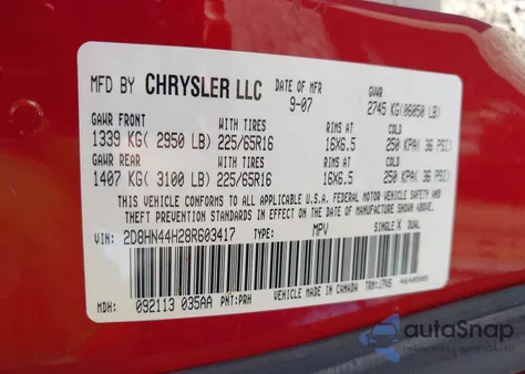 2008 Dodge Grand Caravan Se z USA, uszkodzony, nr VIN 2D8HN44H28R603417